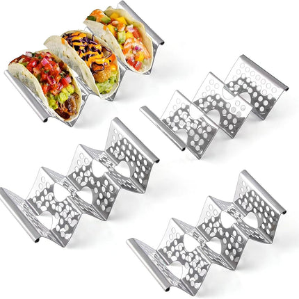 Taco Holders Set of 4, Taco Stand, Stainless Steel Taco Holder, Each Can Hold 3 Tortillas, with Easy-Access Handle, Fits Microwave, Air Fryer and Oven.