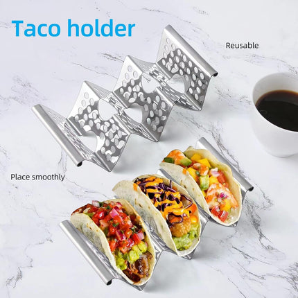 Taco Holders Set of 4, Taco Stand, Stainless Steel Taco Holder, Each Can Hold 3 Tortillas, with Easy-Access Handle, Fits Microwave, Air Fryer and Oven.