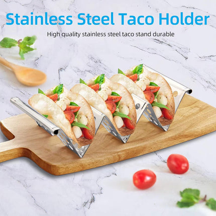 Taco Holders Set of 4, Taco Stand, Stainless Steel Taco Holder, Each Can Hold 3 Tortillas, with Easy-Access Handle, Fits Microwave, Air Fryer and Oven.