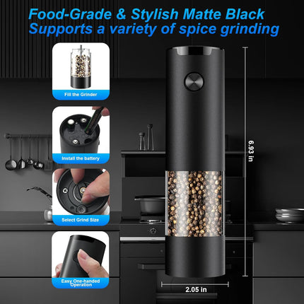 Electric Pepper or Salt Grinder,Adjustable Coarseness Salt & Pepper Mill,With LED Light,Easy to Clean,Battery Powered,One Handed Operation,Kitchen Essential（1 pack/black）.