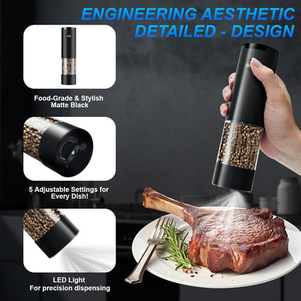 Electric Pepper or Salt Grinder,Adjustable Coarseness Salt & Pepper Mill,With LED Light,Easy to Clean,Battery Powered,One Handed Operation,Kitchen Essential（1 pack/black）.