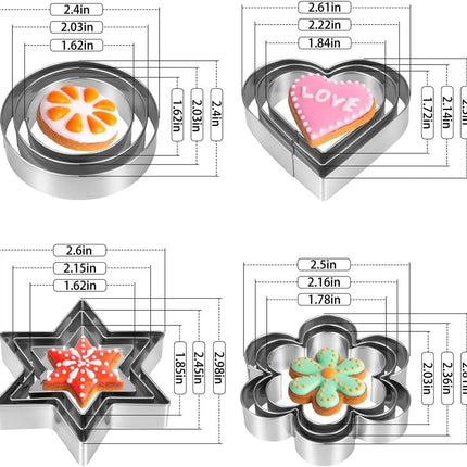 Metal Cookie Cutters Set 12 Pieces, Stainless Steel 3 Heart Cookie Cutters, 3 Star Cookie Cutters, 3 Flower Cookie Cutters, 3 Round Cookie Cutters for Valentine's Day Christmas Holiday.