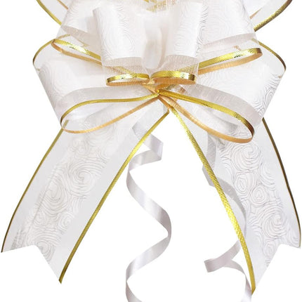 Pull Bows for Gift Wrapping, 15 PCS Large Gift Bow Bulk for Presents Package, Gift Baskets, Christmas, Wedding, and Party Decor (White with Tulle & Gold line, 6 inches).