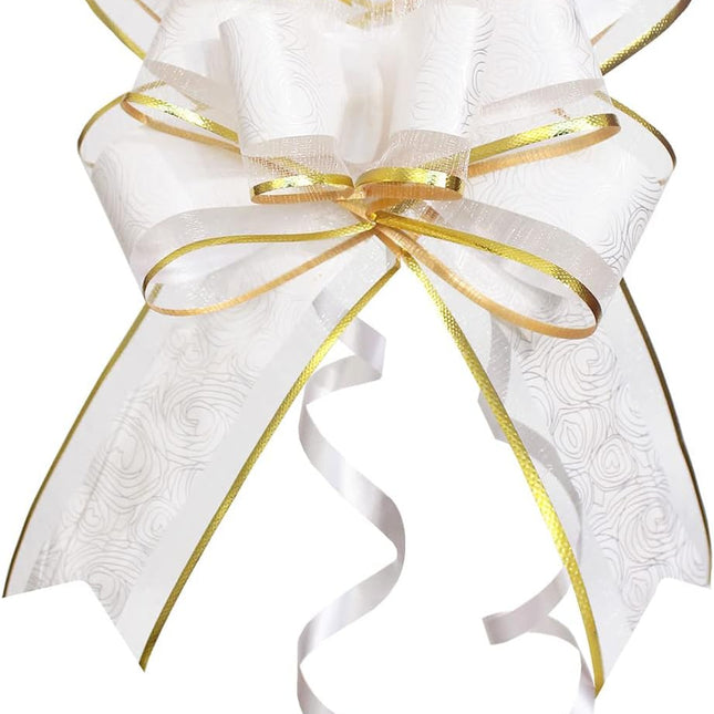 Pull Bows for Gift Wrapping, 15 PCS Large Gift Bow Bulk for Presents Package, Gift Baskets, Christmas, Wedding, and Party Decor (White with Tulle & Gold line, 6 inches).