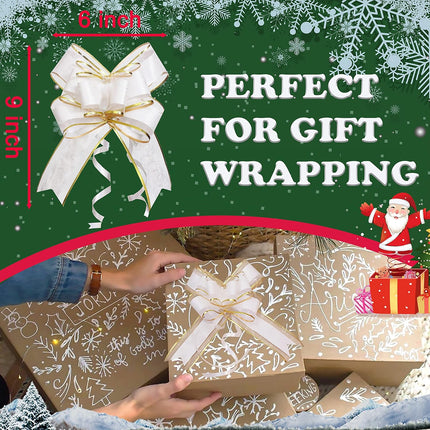 Pull Bows for Gift Wrapping, 15 PCS Large Gift Bow Bulk for Presents Package, Gift Baskets, Christmas, Wedding, and Party Decor (White with Tulle & Gold line, 6 inches).