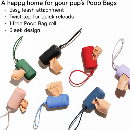 Dog Poop Bag Holder and Dispenser with Leash Attachment, Leak Proof, Easy Twist Top for Refills, Includes 1 Roll Poop Bags, Navy.