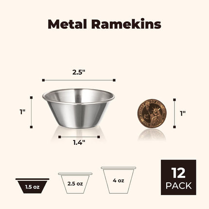 [12 Pack] 1.5 oz Stainless Steel Dipping Sauce Cups, Reusable Metal Ramekins, Commercial Grade Condiment Bowls, Individual Portion Cups, Small Round Au Jus for Home, Restaurant.