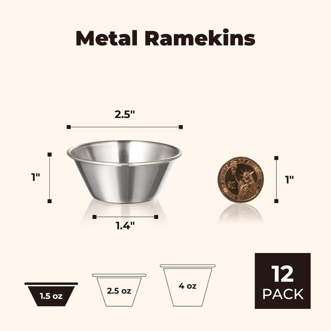 [12 Pack] 1.5 oz Stainless Steel Dipping Sauce Cups, Reusable Metal Ramekins, Commercial Grade Condiment Bowls, Individual Portion Cups, Small Round Au Jus for Home, Restaurant.