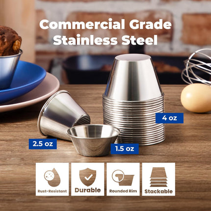 [12 Pack] 1.5 oz Stainless Steel Dipping Sauce Cups, Reusable Metal Ramekins, Commercial Grade Condiment Bowls, Individual Portion Cups, Small Round Au Jus for Home, Restaurant.