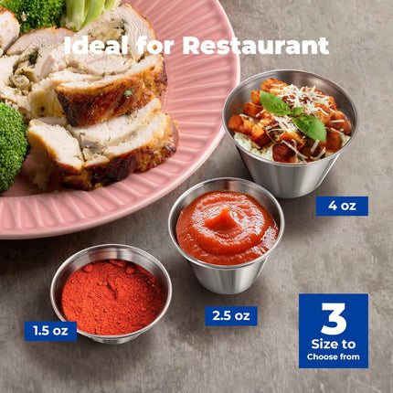 [12 Pack] 1.5 oz Stainless Steel Dipping Sauce Cups, Reusable Metal Ramekins, Commercial Grade Condiment Bowls, Individual Portion Cups, Small Round Au Jus for Home, Restaurant.