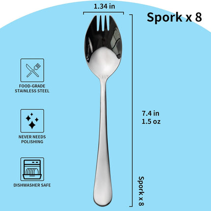 Sporks, 8-Pack Food-grade Stainless Steel Sporks, 7.4 Inches Long Handle Salad Forks For Dessert, Ice Cream, Salad, Soup, Noodle, Spaghetti, Dishwasher Safe.