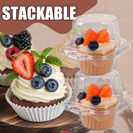 50 Pcs Cupcake Boxes Plastic Individual Cupcake Containers Single Cupcake Carrier with Connected Airtight Dome Lid for Party.
