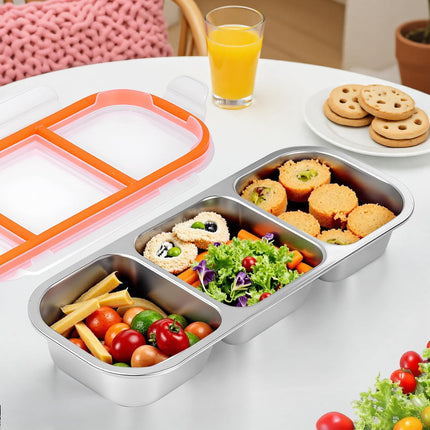 Stainless Steel Snack Containers - Reusable 3 Compartment Snackle Box Container with Lids for Kids Adults, Divided Snack Food Storage Containers for School, Home, Travel.