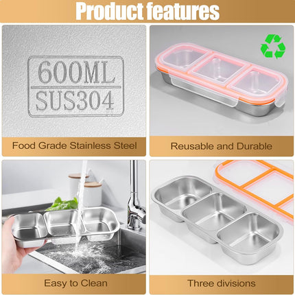Stainless Steel Snack Containers - Reusable 3 Compartment Snackle Box Container with Lids for Kids Adults, Divided Snack Food Storage Containers for School, Home, Travel.