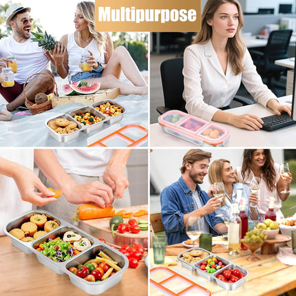 Stainless Steel Snack Containers - Reusable 3 Compartment Snackle Box Container with Lids for Kids Adults, Divided Snack Food Storage Containers for School, Home, Travel.