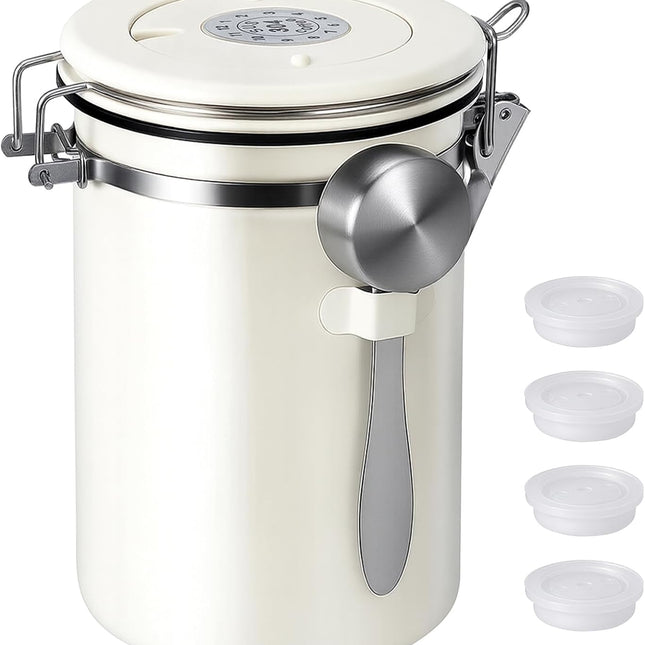 Stainless Steel Coffee Canister - 22OZ Airtight Coffee Bean Storage Grounds Container Holder with Date Tracker & Measuring Scoop, Kitchen Food Canister Jar for Cereal, Sugar, Tea, Flour, Gifts.