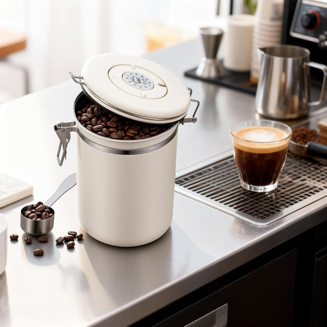 Stainless Steel Coffee Canister - 22OZ Airtight Coffee Bean Storage Grounds Container Holder with Date Tracker & Measuring Scoop, Kitchen Food Canister Jar for Cereal, Sugar, Tea, Flour, Gifts.
