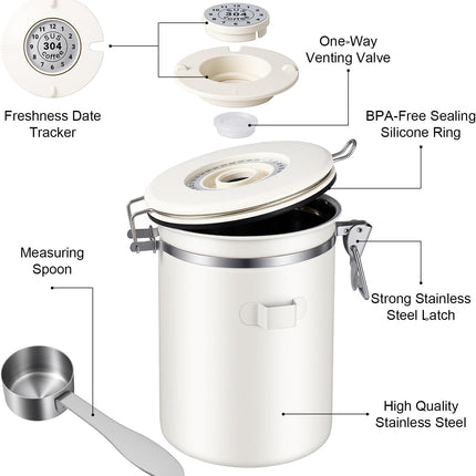 Stainless Steel Coffee Canister - 22OZ Airtight Coffee Bean Storage Grounds Container Holder with Date Tracker & Measuring Scoop, Kitchen Food Canister Jar for Cereal, Sugar, Tea, Flour, Gifts.