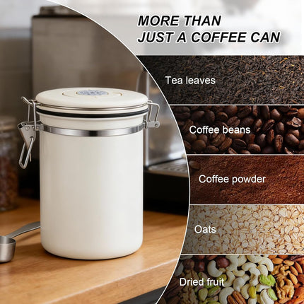 Stainless Steel Coffee Canister - 22OZ Airtight Coffee Bean Storage Grounds Container Holder with Date Tracker & Measuring Scoop, Kitchen Food Canister Jar for Cereal, Sugar, Tea, Flour, Gifts.