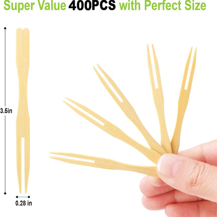 400 Bamboo Appetizer Forks, 3.5 Inch Mini Bamboo Forks for Charcuterie Boards Accessories, Fancy Toothpicks for Appetizers, Disposable Wooden Cocktail Fork, Small Fruit Food Picks for Party Supplies.