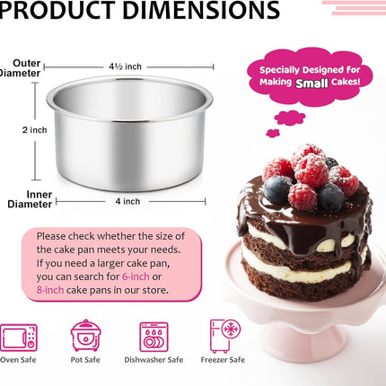 4 Inch Small Cake Pan Set of 3, Stainless Steel Mini Round Smash Cake Baking Pans, Non-Toxic & Healthy, Mirror Finish & Dishwasher Safe.