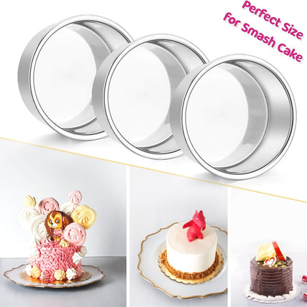 4 Inch Small Cake Pan Set of 3, Stainless Steel Mini Round Smash Cake Baking Pans, Non-Toxic & Healthy, Mirror Finish & Dishwasher Safe.