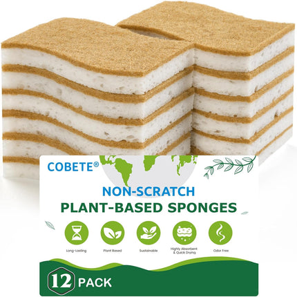 12 Pack Natural Biodegradable Kitchen Non Scratch Sponges,Compostable Plant Based Coconut Cellulose Sponge,Eco Friendly Reusable Dish Scrubber Sponge for Pots, Pans & Household Cleaning.