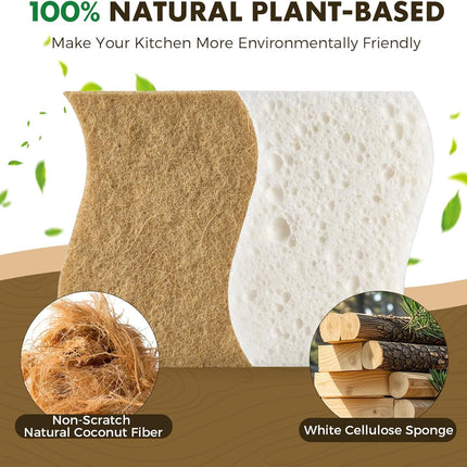 12 Pack Natural Biodegradable Kitchen Non Scratch Sponges,Compostable Plant Based Coconut Cellulose Sponge,Eco Friendly Reusable Dish Scrubber Sponge for Pots, Pans & Household Cleaning.