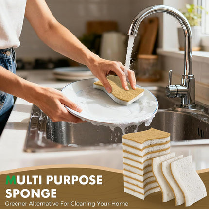 12 Pack Natural Biodegradable Kitchen Non Scratch Sponges,Compostable Plant Based Coconut Cellulose Sponge,Eco Friendly Reusable Dish Scrubber Sponge for Pots, Pans & Household Cleaning.