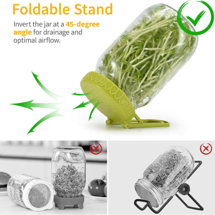 Sprouting Kit for Wide Mouth Mason Jars, 2-Pack BPA-Free One-Piece Sprouting Lids with Built-In Stand, Seed Germination Jar Sprouter Lid, Fits Wide Mouth Jars (3.38"/86mm).
