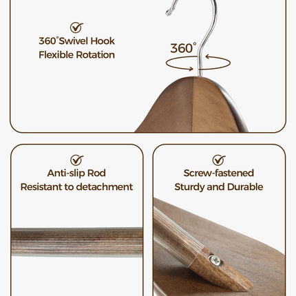 Premium Wooden Hangers 6-Pack – Wide Shoulder Non-Slip Design for Coats, Jackets & Suits | 360° Rotating Closet Organizers | Durable & Space-Saving (Vintage Wood).