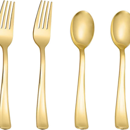 100PCS Gold Plastic Silverware, Heavy Duty Disposable Cutlery Set for Parties, Disposable Plastic Spoons and Forks Includes 50 Gold Spoons and 50 Forks for Wedding, Birthday, Dinner.