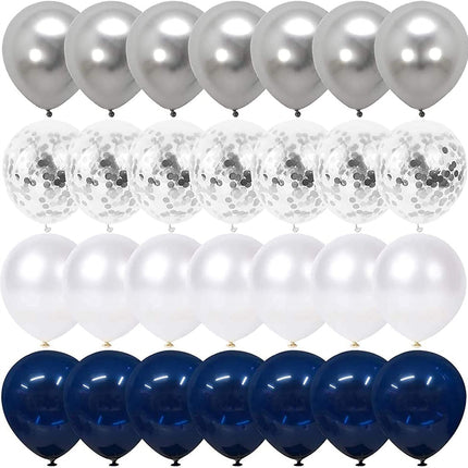 Navy Blue and Silver Confetti Balloons 50 pcs, 12 inch White Pearl and Silver Metallic Chrome Party Balloons for 2026 Graduation Party Decorations.