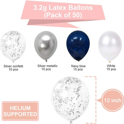 Navy Blue and Silver Confetti Balloons 50 pcs, 12 inch White Pearl and Silver Metallic Chrome Party Balloons for 2026 Graduation Party Decorations.