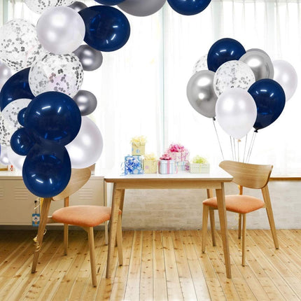 Navy Blue and Silver Confetti Balloons 50 pcs, 12 inch White Pearl and Silver Metallic Chrome Party Balloons for 2026 Graduation Party Decorations.
