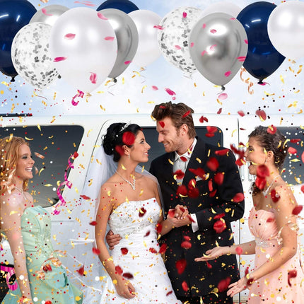 Navy Blue and Silver Confetti Balloons 50 pcs, 12 inch White Pearl and Silver Metallic Chrome Party Balloons for 2026 Graduation Party Decorations.