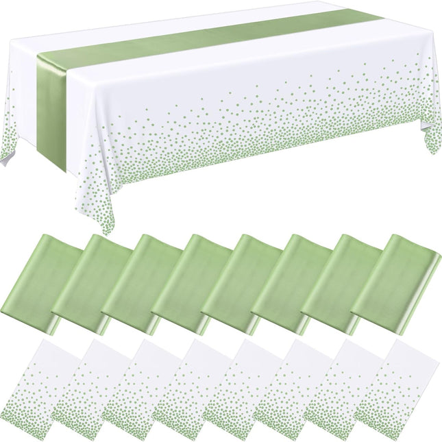 16 Pcs White and Sage Green Disposable Plastic Tablecloths and Satin Table Runner Set 54x108 Inch Tablecloth 12x108 Inch Table Runners for New Year Wedding Birthday Baby Shower Graduation.