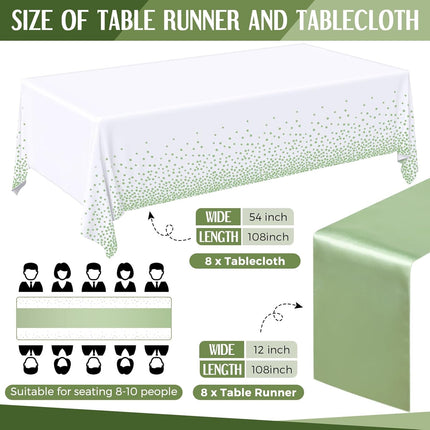 16 Pcs White and Sage Green Disposable Plastic Tablecloths and Satin Table Runner Set 54x108 Inch Tablecloth 12x108 Inch Table Runners for New Year Wedding Birthday Baby Shower Graduation.