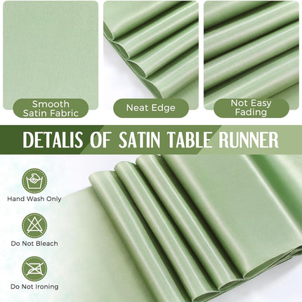 16 Pcs White and Sage Green Disposable Plastic Tablecloths and Satin Table Runner Set 54x108 Inch Tablecloth 12x108 Inch Table Runners for New Year Wedding Birthday Baby Shower Graduation.