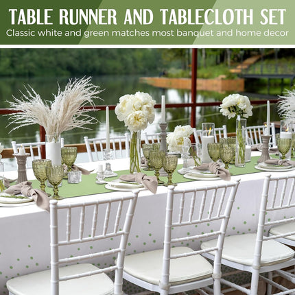 16 Pcs White and Sage Green Disposable Plastic Tablecloths and Satin Table Runner Set 54x108 Inch Tablecloth 12x108 Inch Table Runners for New Year Wedding Birthday Baby Shower Graduation.