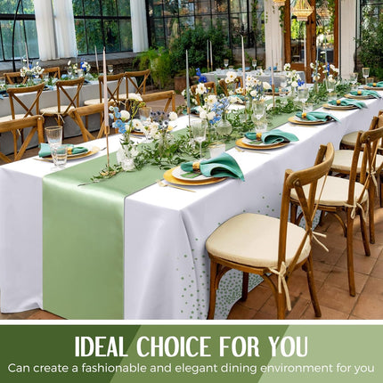 16 Pcs White and Sage Green Disposable Plastic Tablecloths and Satin Table Runner Set 54x108 Inch Tablecloth 12x108 Inch Table Runners for New Year Wedding Birthday Baby Shower Graduation.