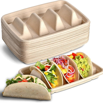 24PCS Disposable Taco Holders for Party, Premium Paper Taco Plates with 3 Dividers, Fiesta Tacos Holder Tray for Taco Tuesday Bar Serving Set, Decorations Supplies.