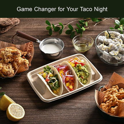 24PCS Disposable Taco Holders for Party, Premium Paper Taco Plates with 3 Dividers, Fiesta Tacos Holder Tray for Taco Tuesday Bar Serving Set, Decorations Supplies.