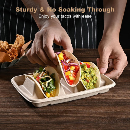 24PCS Disposable Taco Holders for Party, Premium Paper Taco Plates with 3 Dividers, Fiesta Tacos Holder Tray for Taco Tuesday Bar Serving Set, Decorations Supplies.