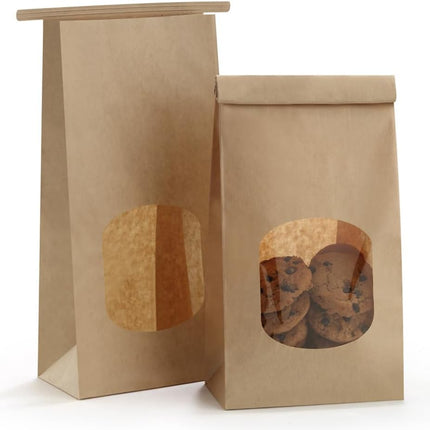 Bakery Bags with Window 100pcs 4.5x2.36x9.6 Inches Window Tin Tie Tab Lock Kraft Brown Paper Bags for Coffee Bean, Cookies, Treat, Snack.