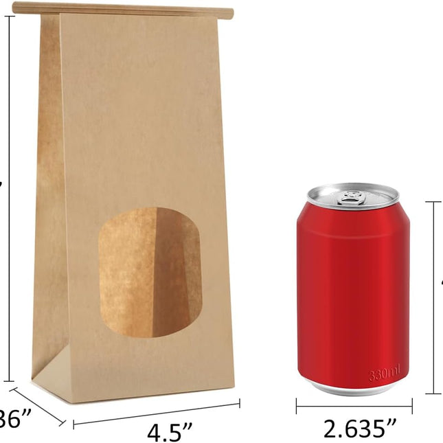 Bakery Bags with Window 100pcs 4.5x2.36x9.6 Inches Window Tin Tie Tab Lock Kraft Brown Paper Bags for Coffee Bean, Cookies, Treat, Snack.