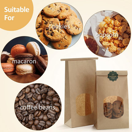 Bakery Bags with Window 100pcs 4.5x2.36x9.6 Inches Window Tin Tie Tab Lock Kraft Brown Paper Bags for Coffee Bean, Cookies, Treat, Snack.