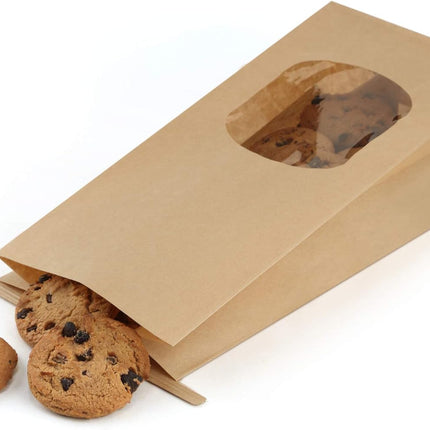 Bakery Bags with Window 100pcs 4.5x2.36x9.6 Inches Window Tin Tie Tab Lock Kraft Brown Paper Bags for Coffee Bean, Cookies, Treat, Snack.