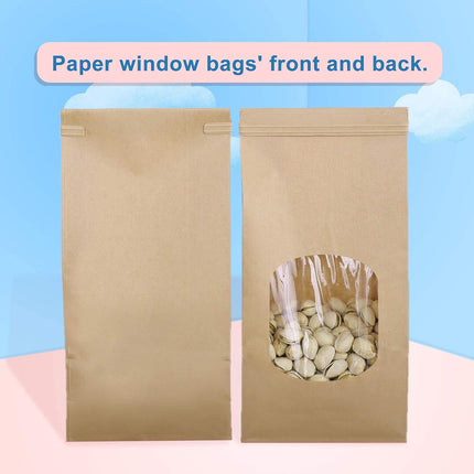 Bakery Bags with Window 100pcs 4.5x2.36x9.6 Inches Window Tin Tie Tab Lock Kraft Brown Paper Bags for Coffee Bean, Cookies, Treat, Snack.