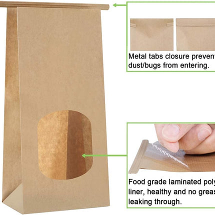 Bakery Bags with Window 100pcs 4.5x2.36x9.6 Inches Window Tin Tie Tab Lock Kraft Brown Paper Bags for Coffee Bean, Cookies, Treat, Snack.